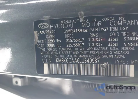 2020 Hyundai Kona Sel Plus z USA, uszkodzony, nr VIN KM8K6CAA6LU549937